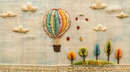 A whimsical embroidery design of a hot air balloon floating over a scenic landscape, captured on a light fabric background.