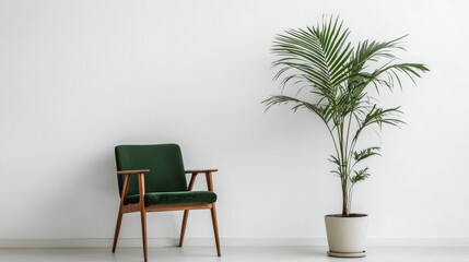 Create a serene atmosphere with an inviting green armchair and lush foliage.