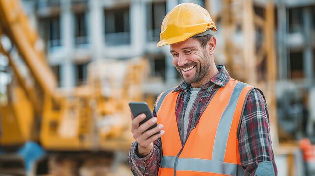 Smiling construction worker using smartphone.