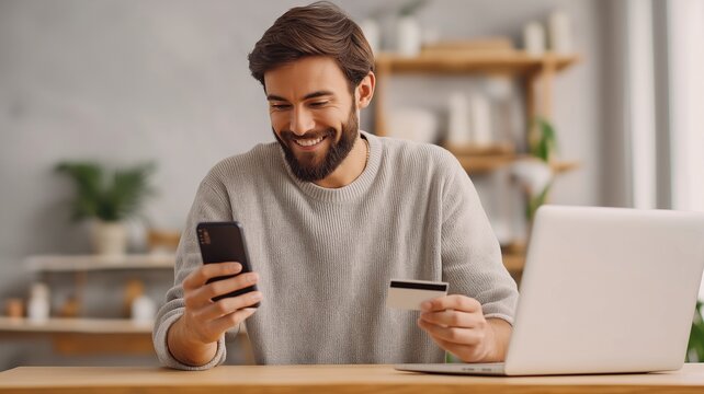 Young man holding a credit card and smartphone, completing an online transaction while sitting at a desk with a laptop in a cozy home.