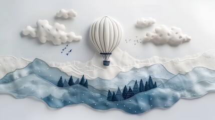 A whimsical embroidery design of a hot air balloon floating over a scenic landscape, captured on a light fabric background.