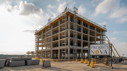 Building Under Construction with Scattered Tools and Materials on Site
