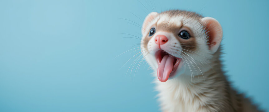 Surprised domestic ferret with tongue out and wide open mouth against bright blue background, captured in studio lighting with natural fur detail for expressive and humorous pet-themed content