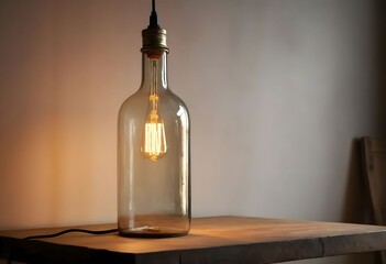 A stylish lamp made from an old glass bottle, warm lighting, modern minimalistic interior, upcycled home decor concept.