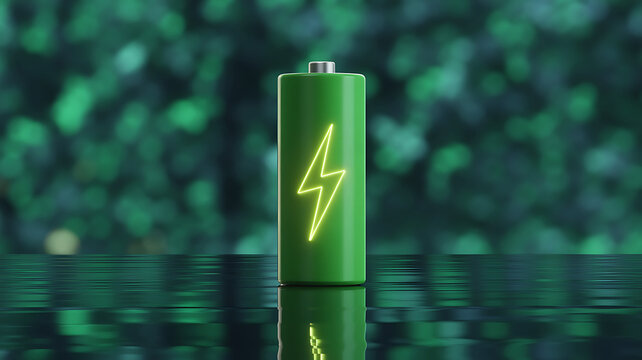 Green battery with glowing lightning bolt symbolizing energy and renewable power