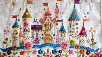 A whimsical embroidery design of a fairy tale castle with towers and banners, surrounded by flowers, on a white fabric.