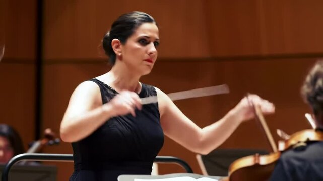 Focused conductor leading orchestra