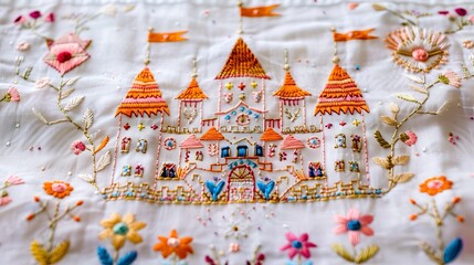 A whimsical embroidery design of a fairy tale castle with towers and banners, surrounded by flowers, on a white fabric.