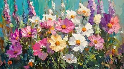 Vibrant painting of blooming flowers with multicolored petals in intricate detail, capturing natural beauty and joy. Ideal for decorative art, home design, greeting cards, wallpaper, or creative proje