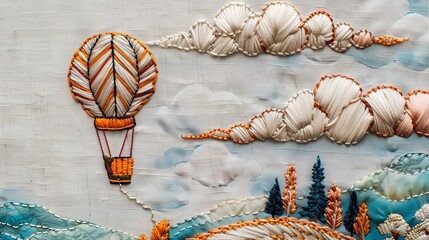 A whimsical embroidery design of a hot air balloon floating over a scenic landscape, captured on a light fabric background.