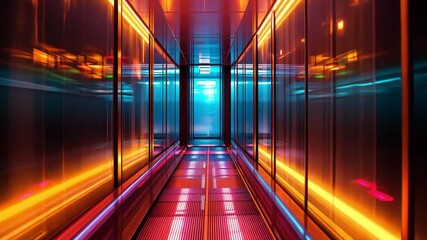 Futuristic interior corridor with neon reflections and colorful glowing symmetrical walls. - Powered by Adobe