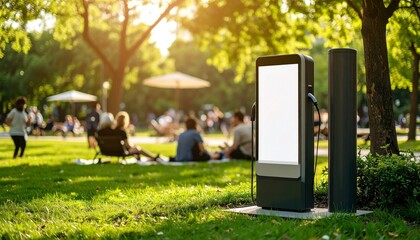 Sustainable Energy Charging Station in a Park with People Relaxing.