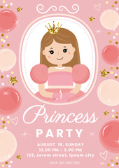 Princess Birthday Party Invitation. Cute princesses, balloons, hearts. Birthday party invitation card template with cute little princess. Happy Birthday kids card. Vector illustration.