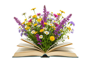 Isolated Open Book with Wildflower Bouquet Blooming