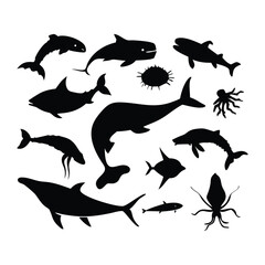 collection of black silhouettes of various marine animals against a white background.