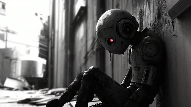A forlorn robot sitting against a wall in a desolate urban environment, reflecting on its existence