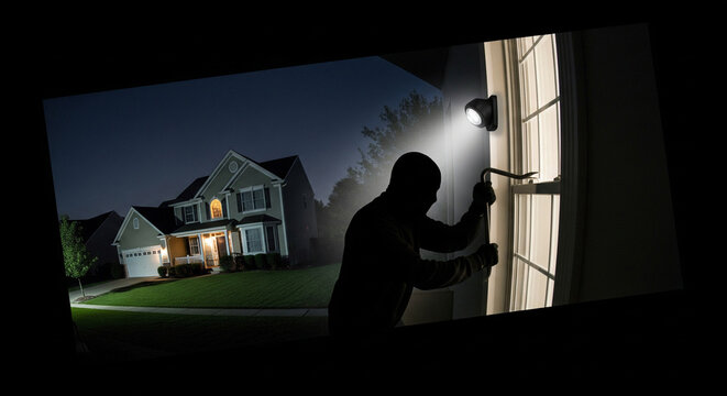 Surveillance camera footage captures the shadowy figure of a thief in dark clothing trying to break into a country house illuminated by a motion sensor at night