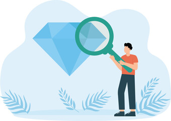 Jewelers appraiser looks at large diamond through magnifying glass. Man examines gemstone and Quality check process. Jewelry expert concept

