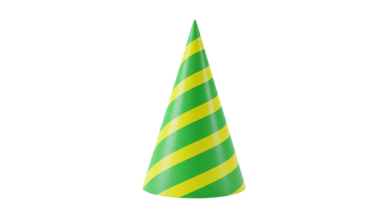 A festive party hat in vibrant green and yellow stripes ready to celebrate joyful occasions on transparent background