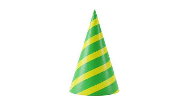 A festive party hat in vibrant green and yellow stripes ready to celebrate joyful occasions on transparent background