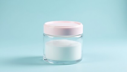 Glass jar containing white cream, pink lid, solid color backdrop.