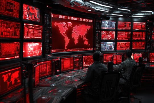 Command Center with Red Displays and Global Map for Security Monitoring
