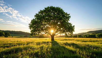 Serene Sunset Landscape with Majestic Tree in Golden Field.