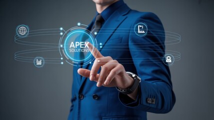 Person interacting with a digital interface displaying a business solutions .