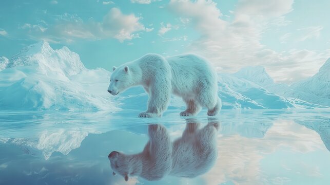 Polar bear walking on ice with reflection and icebergs against a cloudy sky in the arctic landscape - Powered by Adobe