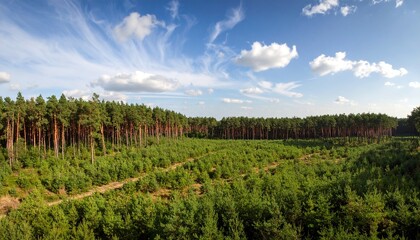 Serene Pine Forest Landscape Under a Bright Blue Sky.