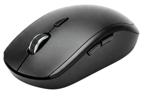 Ergonomic black wireless computer mouse isolated on a transparent background