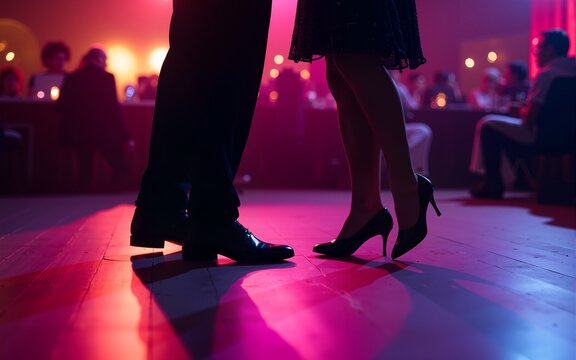 Dancing shoes of a couple, couples dancing traditional latin argentinian dance milonga in the ballroom, tango salsa bachata kizomba lesson, festival on a wooden floor, purple, red and violet lights
