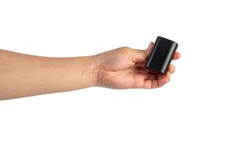 Black DSLR camera battery and hand on transparent background