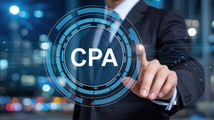 A man in a suit interacts with a digital interface displaying the acronym cpa.