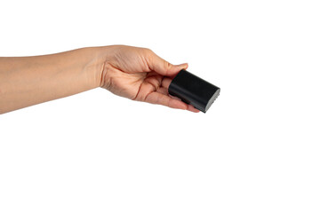 Black DSLR camera battery and hand on transparent background