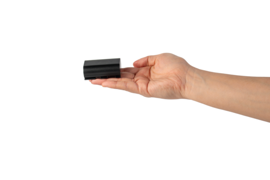 Black DSLR camera battery and hand on transparent background - Powered by Adobe