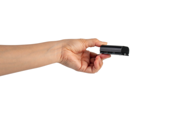 Black DSLR camera battery and hand on transparent background