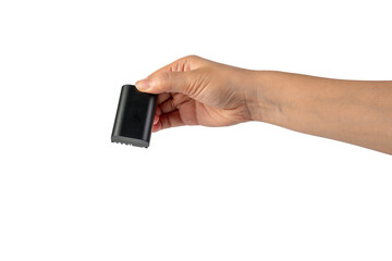 Black DSLR camera battery and hand on transparent background