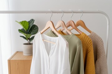 Obraz premium A collection of stylish clothing items displayed on a white rack.