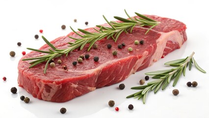 Juicy Raw Steak with Rosemary and Peppercorns Ready for Grilling