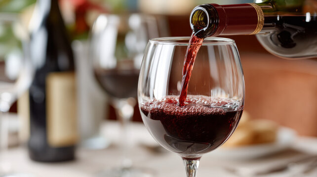 Red wine being poured into a glass on a dining table. - Powered by Adobe