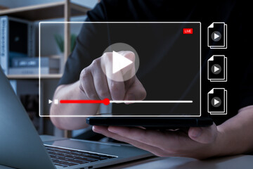Studying Online via Video Player Interface, people watching content online streaming on laptop, online marketing, online study, virtual classroom, video tutorial, digital education technology concept