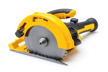 Fototapeta premium Yellow circular saw angled on white background