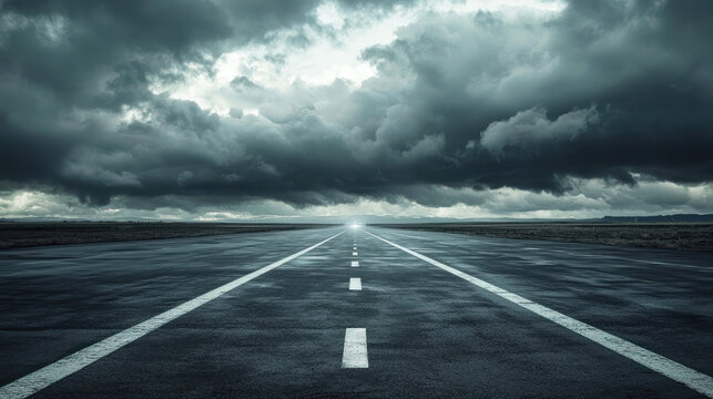 A dark, stormy sky with ominous clouds and a single, bright light at the end of a long, empty road.