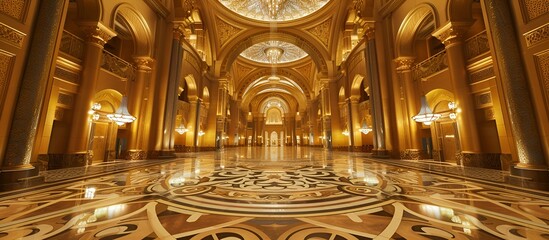 The intricate mosaic patterns and luxurious golden finishes of the Emirates Palace's main hall, lit by the soft glow of crystal chandeliers. 40k, full ultra hd, high resolution