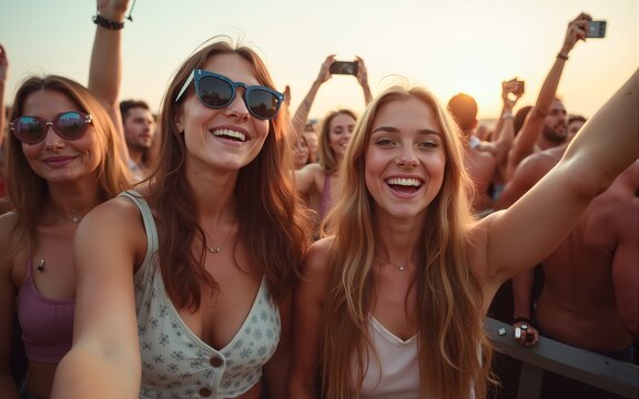Teenagers at summer music festival in crowd taking selfie. High quality