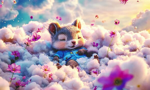 Cute hamster sleep on clouds.
