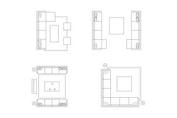 Collections Minimalist Sofa and Living Area Floor Plans. Vector Lines Black on White Background. 1