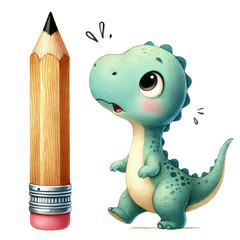 Adorable watercolor dinosaur illustration ready for back to school! This cute dino wears a backpack and holds school supplies, perfect for kids' educational materials, classroom decor, nursery art.