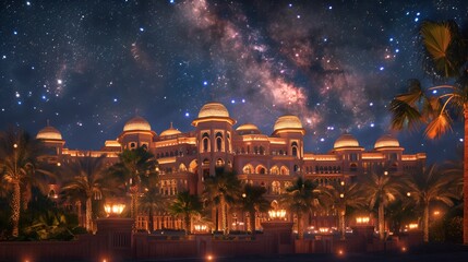Nighttime view of the Emirates Palace, its grand fa? section ade bathed in a mesmerizing array of lights,